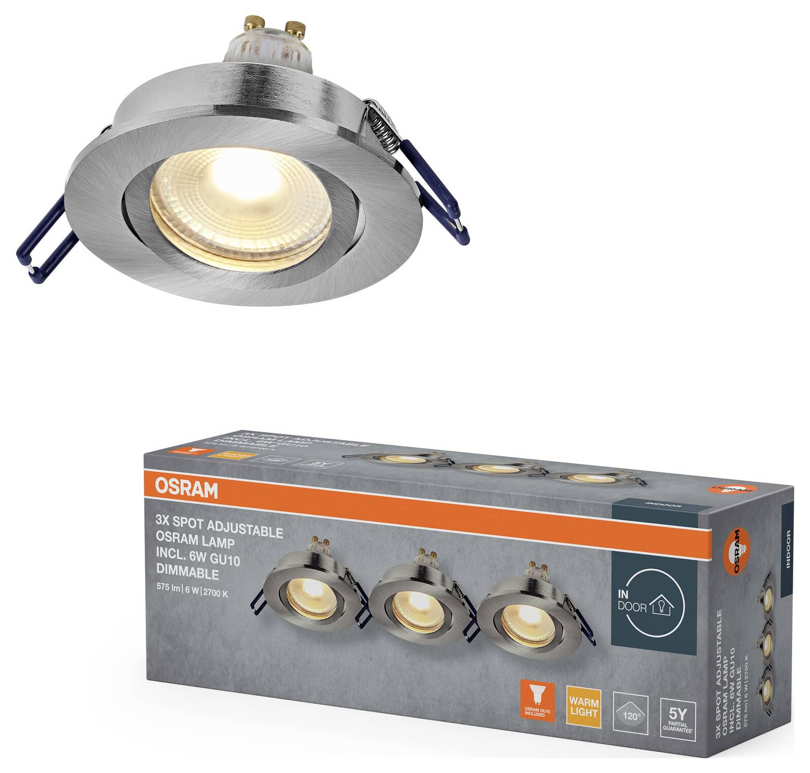 'Recessed spotlight with adjustable angle, shown with Osram packaging. Warm light, dimmable. Indoor use, includes GU10 bulb.'
