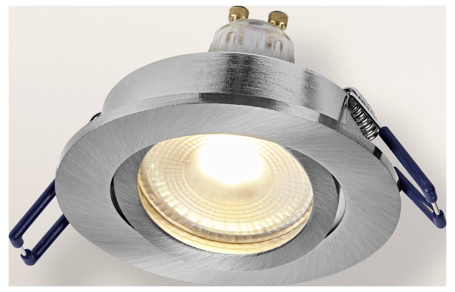 A recessed ceiling light with a silver frame and visible bulb, supported by blue clips, designed for modern indoor lighting.