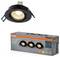 A black adjustable spot lamp with warm light is shown above a boxed set of three. Packaging features the brand 'OSRAM' and highlights dimmable function.