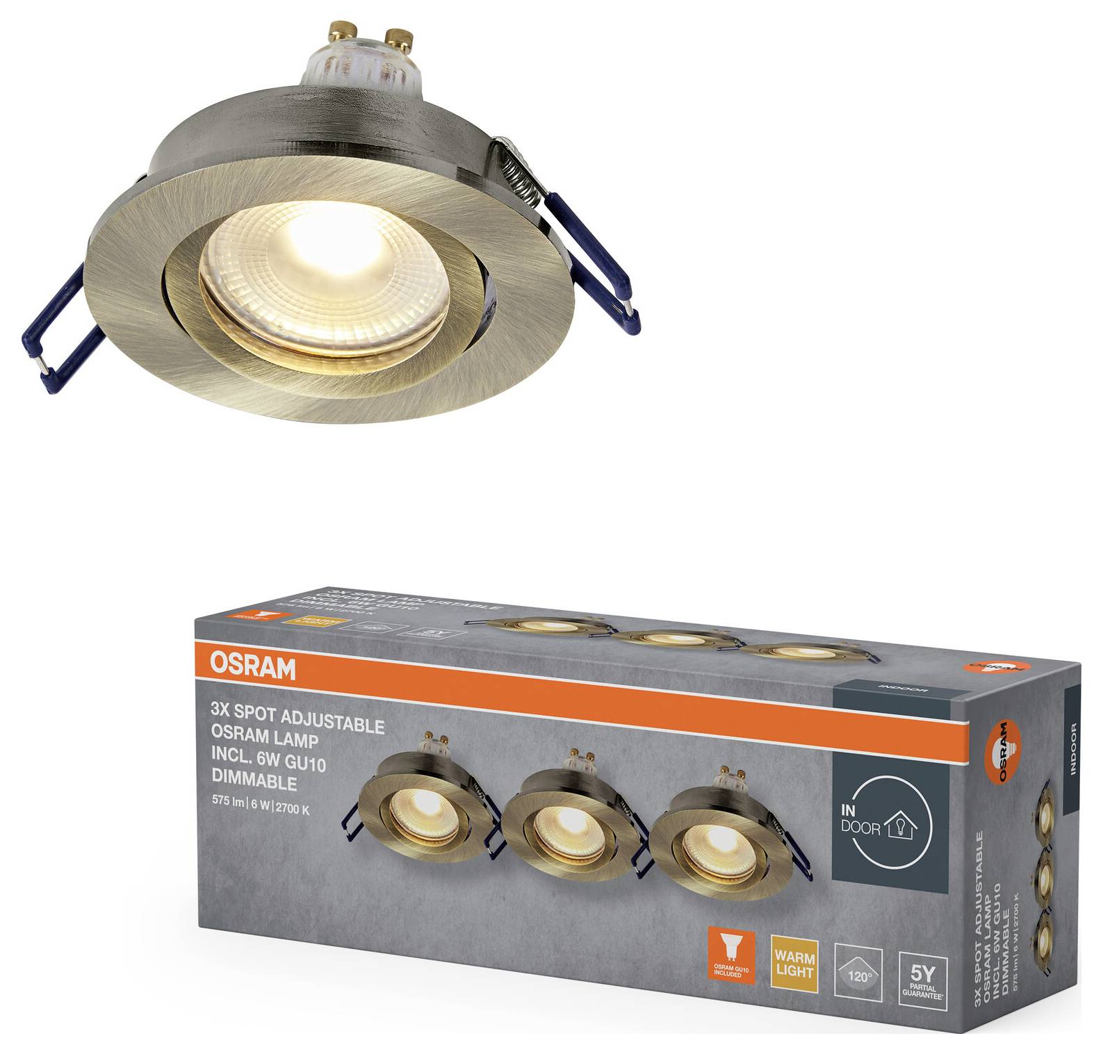 Recessed ceiling spotlight with adjustable design and warm light, shown with packaging box labeled 'Osram 3x Spot Adjustable GU10 Dimmable'.