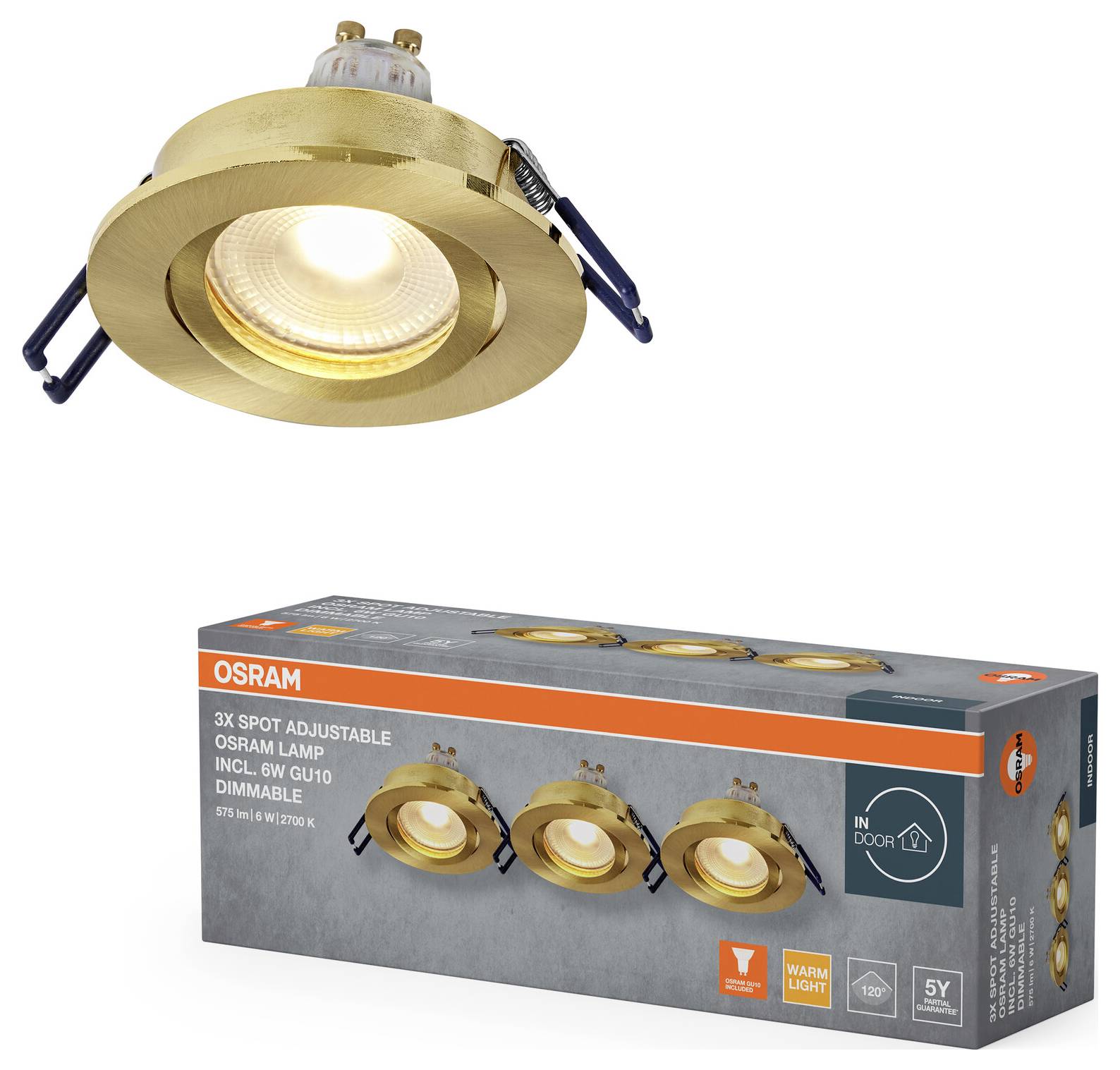 Gold, adjustable LED spotlight with packaging. The box shows three spotlights and reads 'Osram, 3X Spot Adjustable' for indoor use.