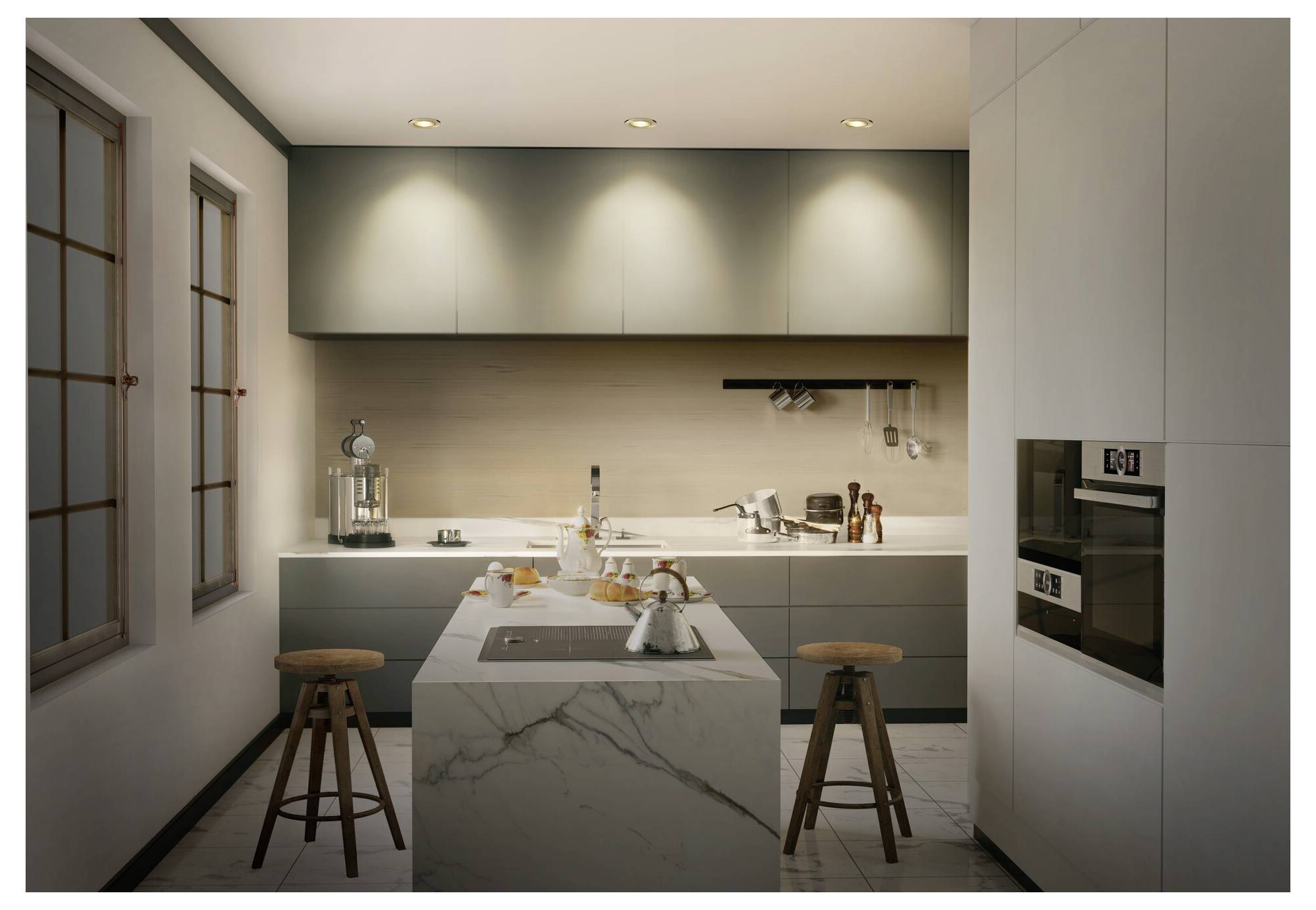 A modern kitchen with a central marble island, two wooden stools, sleek cabinets, and a coffee maker. Soft lighting creates a warm ambiance.