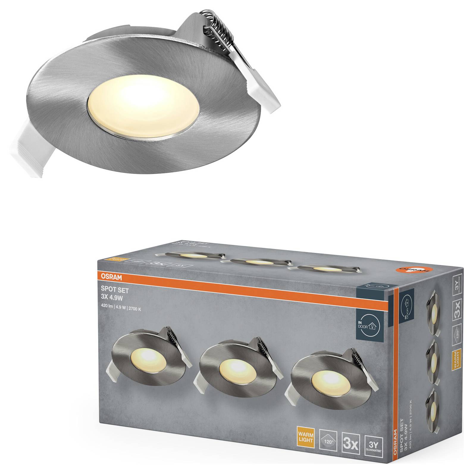 'Recessed spotlight with metallic finish, warm white light output. Packaging shows 3-pack, suitable for indoor lighting, 3x4.9W.'