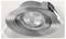 A silver recessed ceiling light fixture with a glass lens and metal trim, viewed from below at an angle.