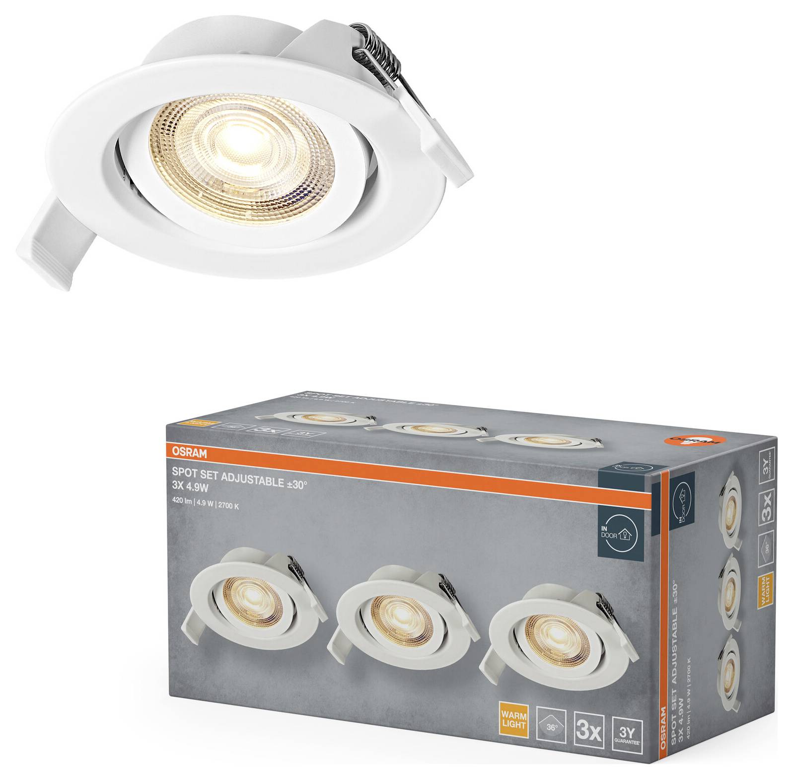 A boxed set and single adjustable white spotlights, labeled 'OSRAM Spot Set Adjustable'. The box shows three warm light fittings.
