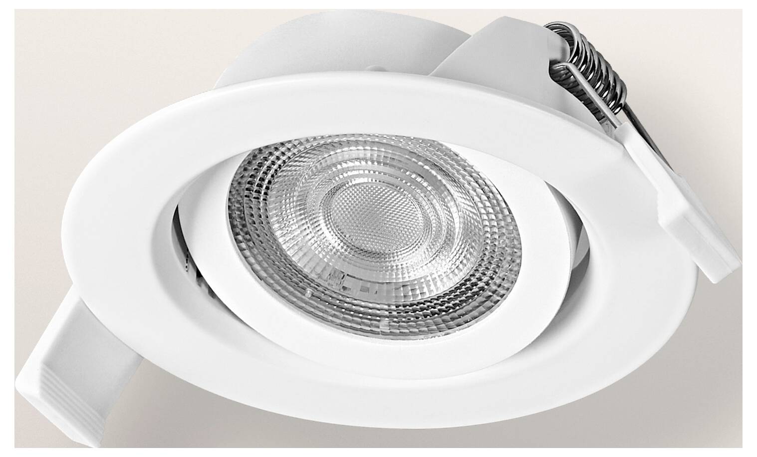 A recessed LED downlight with a white bezel, featuring a circular design and adjustable angle.