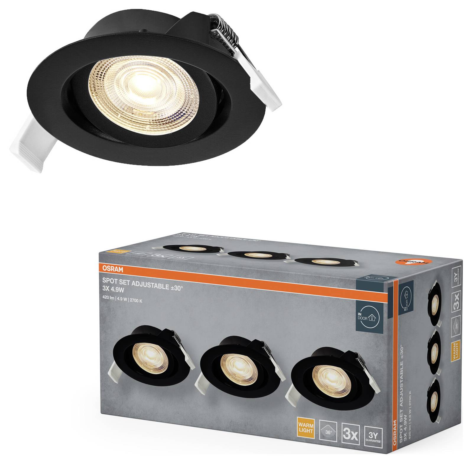 A black adjustable spot light with a round bulb is shown above its packaging box labeled 'LEDVANCE Spot Set Adjustable, 3x 4W'.