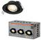 A black adjustable spot light with a round bulb is shown above its packaging box labeled 'LEDVANCE Spot Set Adjustable, 3x 4W'.