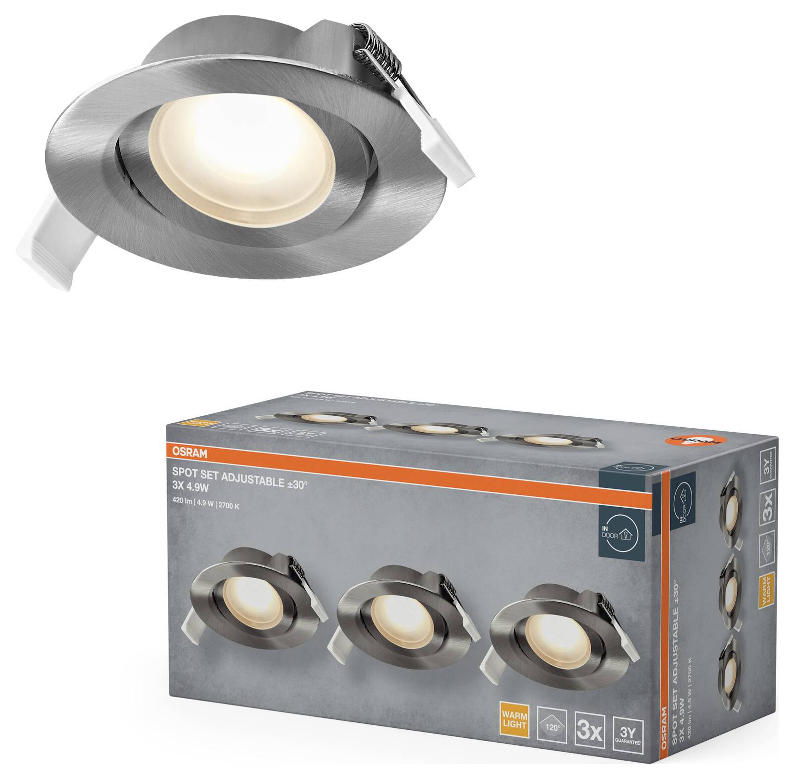 'A box with three chrome-finish adjustable spotlights by OSRAM, each 3x3W, 3000K warm light, shown with one spotlight highlighted.'