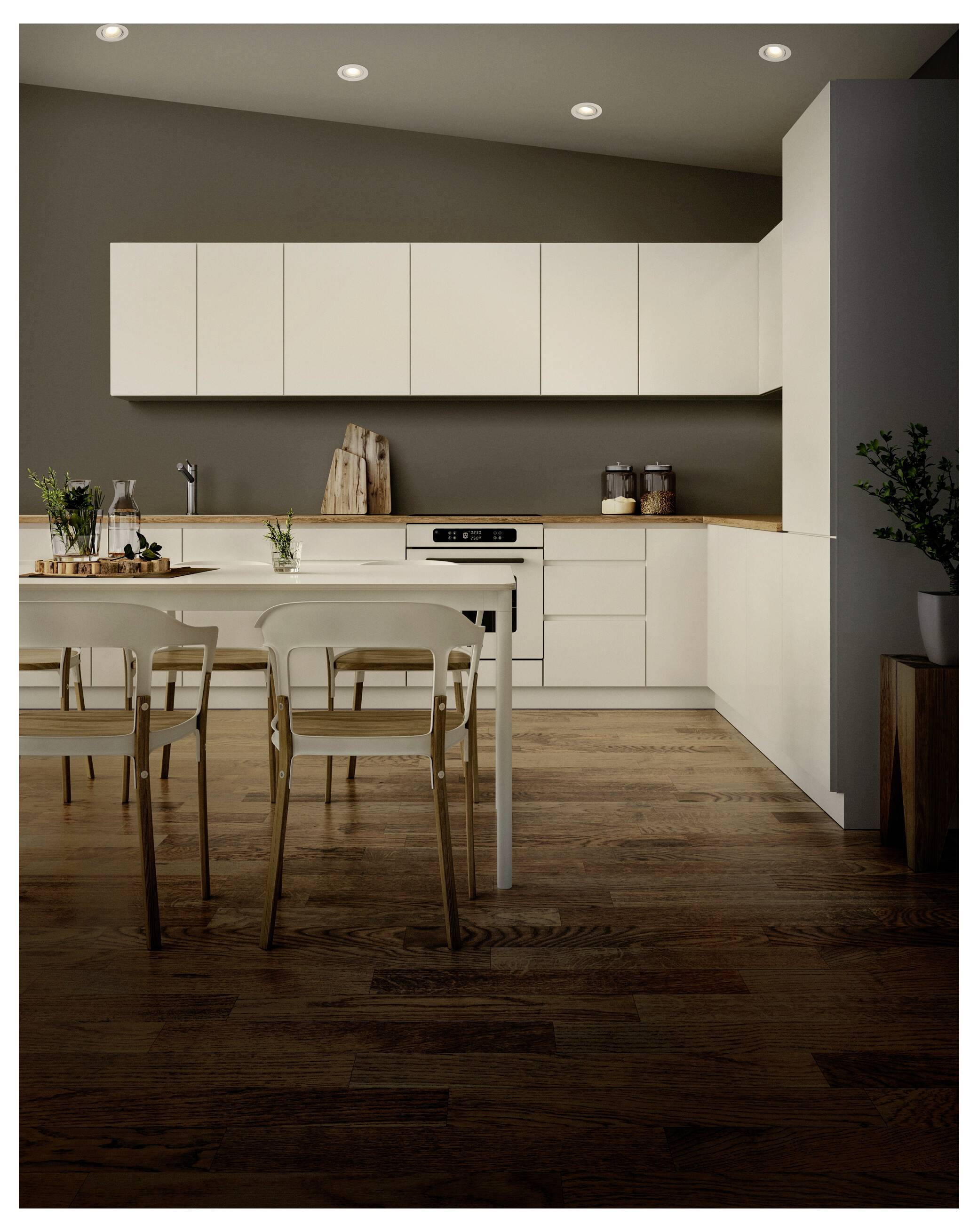 A modern kitchen with white cabinets, a wooden countertop, and four chairs around a table. Neutral colors and minimalistic design.