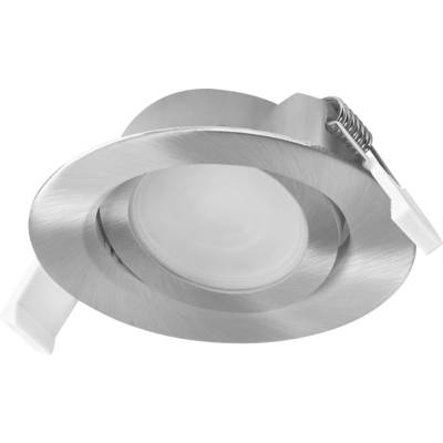 Recessed round ceiling light fixture with a brushed metal finish and spring clip for installation.