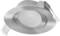 Recessed round ceiling light fixture with a brushed metal finish and spring clip for installation.