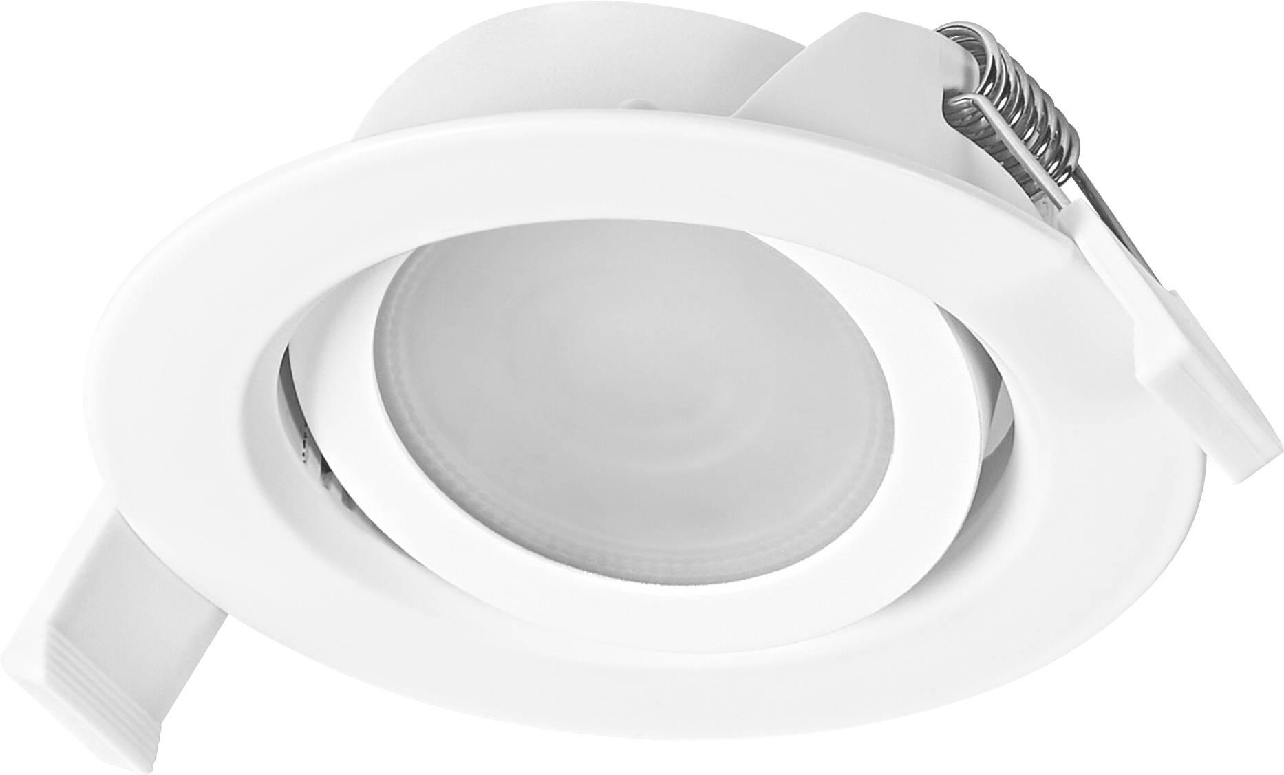 A round, white recessed ceiling light with adjustable holder and spring clip, designed for indoor installation.