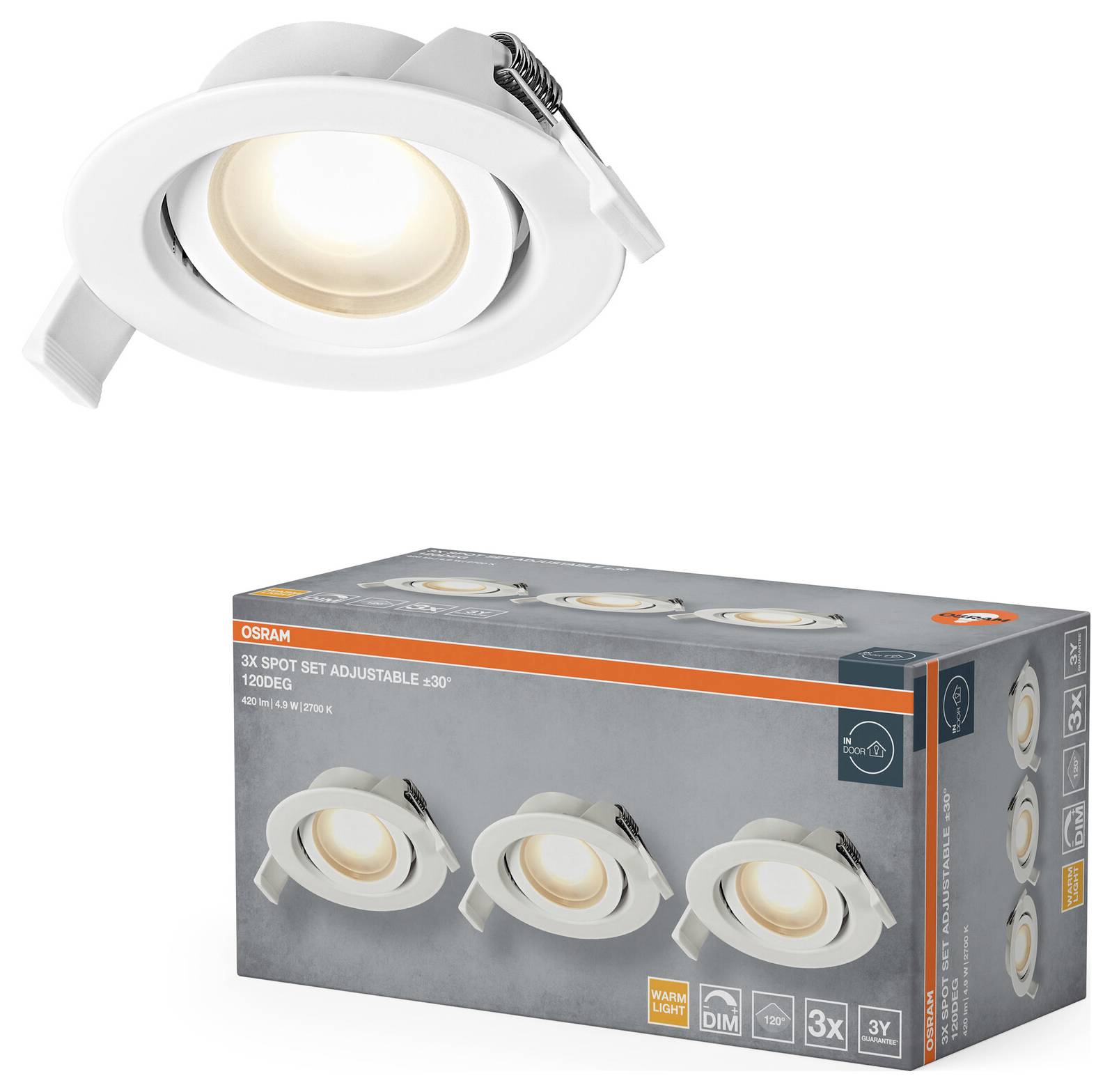 'OSRAM 3x spot set adjustable, 1200 lm, warm white light, 50 mm' light fixture with product box showing three adjustable spotlights.