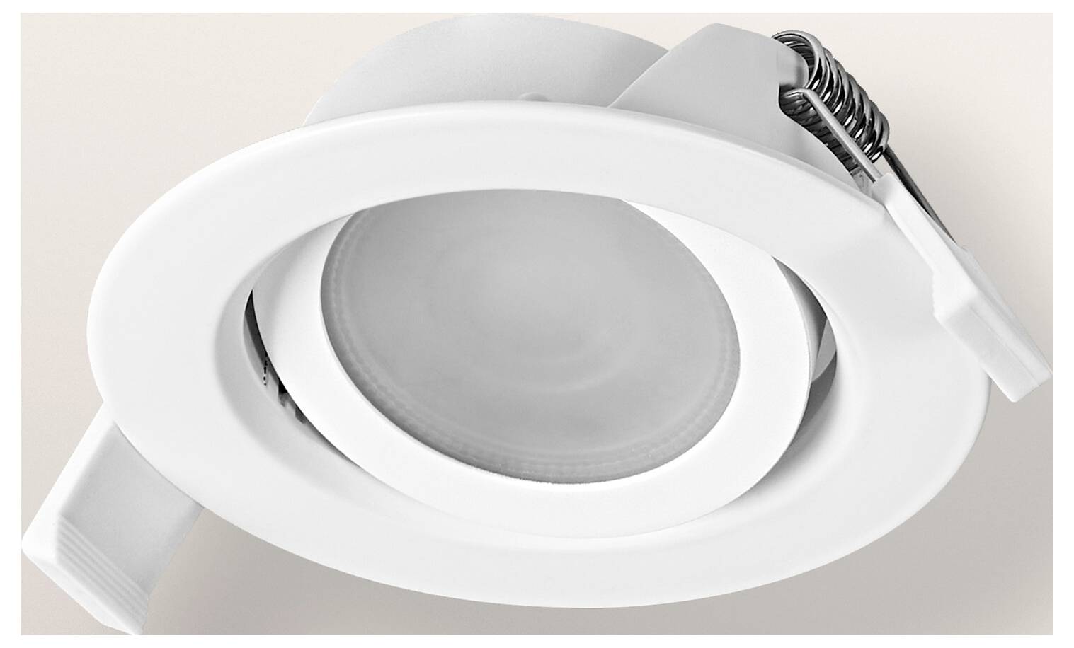 A white, circular LED downlight with an adjustable bracket, suitable for recessed ceiling installation in modern interiors.