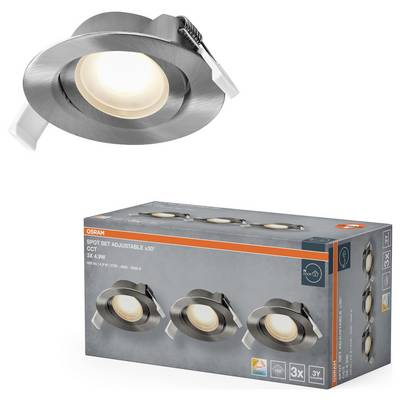 Adjustable LED spotlight set with a brushed metal finish, emits soft white light. Packaging shows three spotlights and product branding.