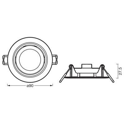 'Technical drawing of a round ceiling light with dimensions: 90mm diameter and 27.5mm height, shown from the top and side views.'