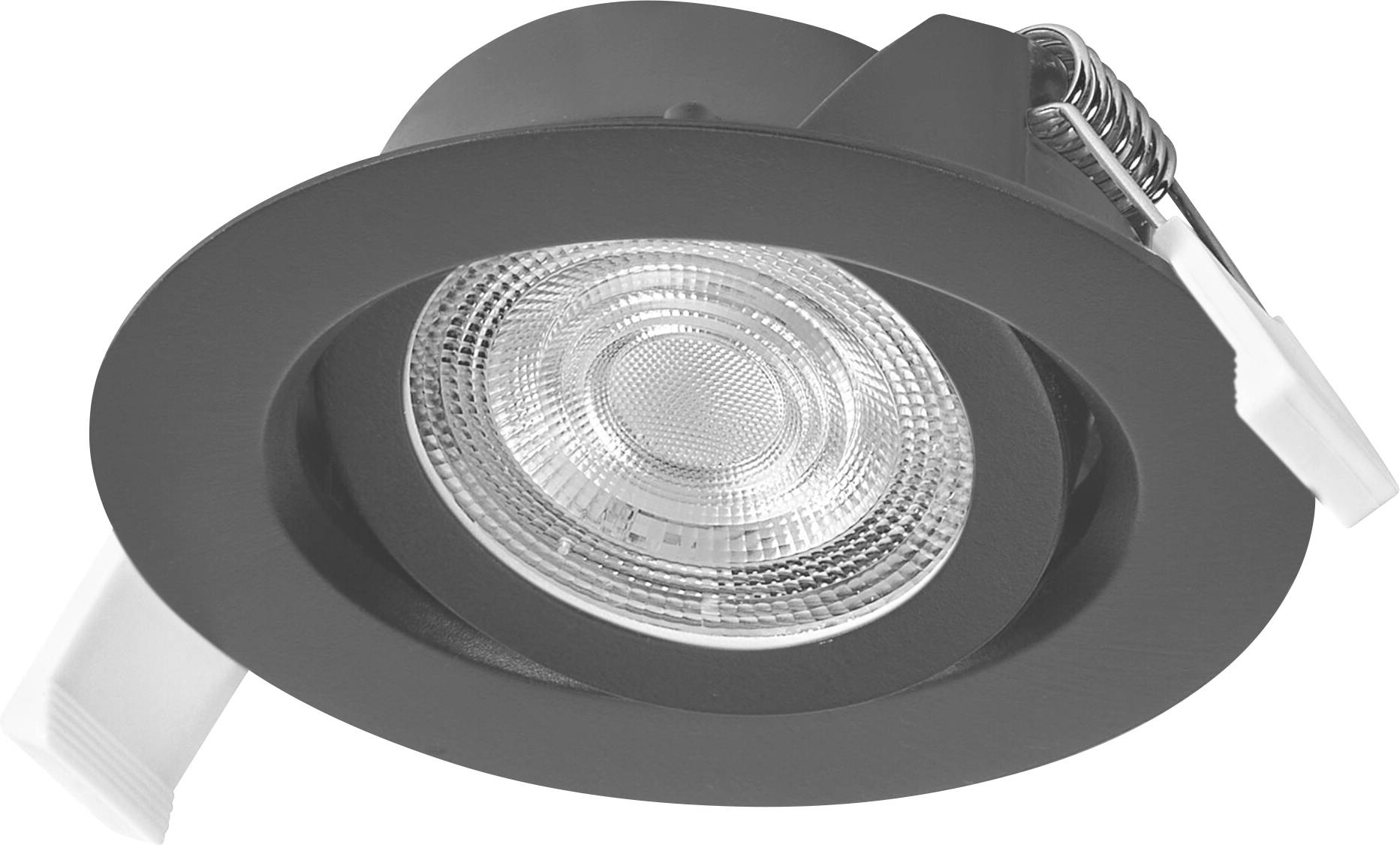 A black recessed ceiling light fixture with a transparent, textured lens, designed for indoor use. Features spring clips for installation.