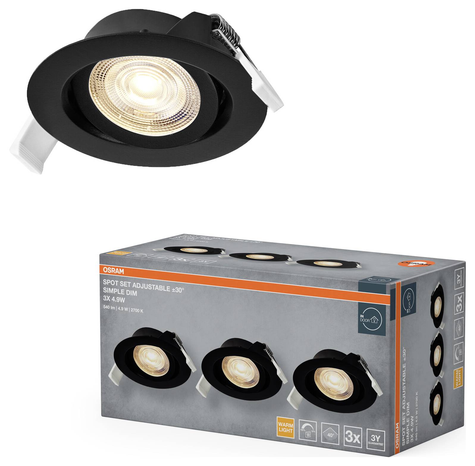 'OSRAM Spot Set Adjustable 30°' box containing three dimmable LED spotlights, with one spotlight shown separately above the box.