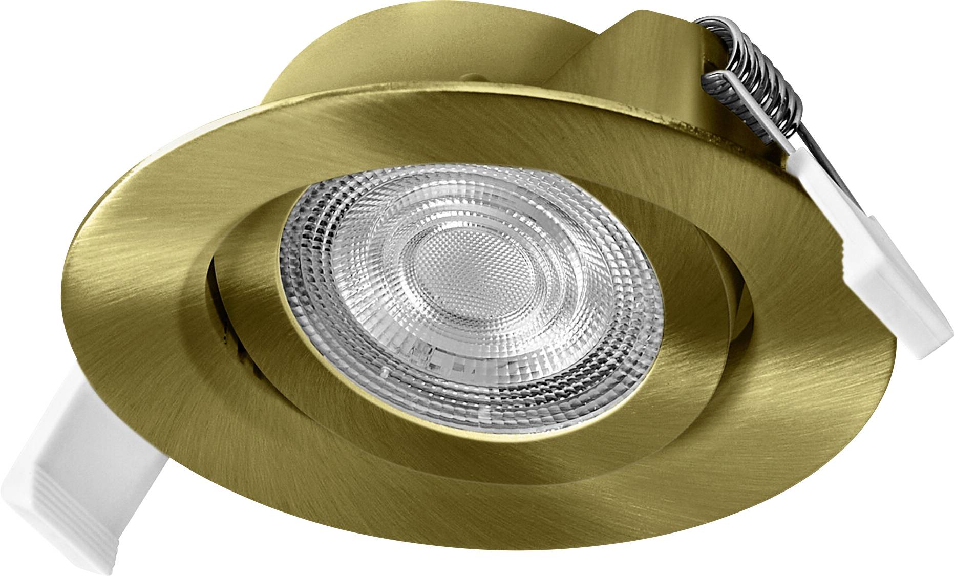 Recessed ceiling light with a gold-finished, adjustable trim.