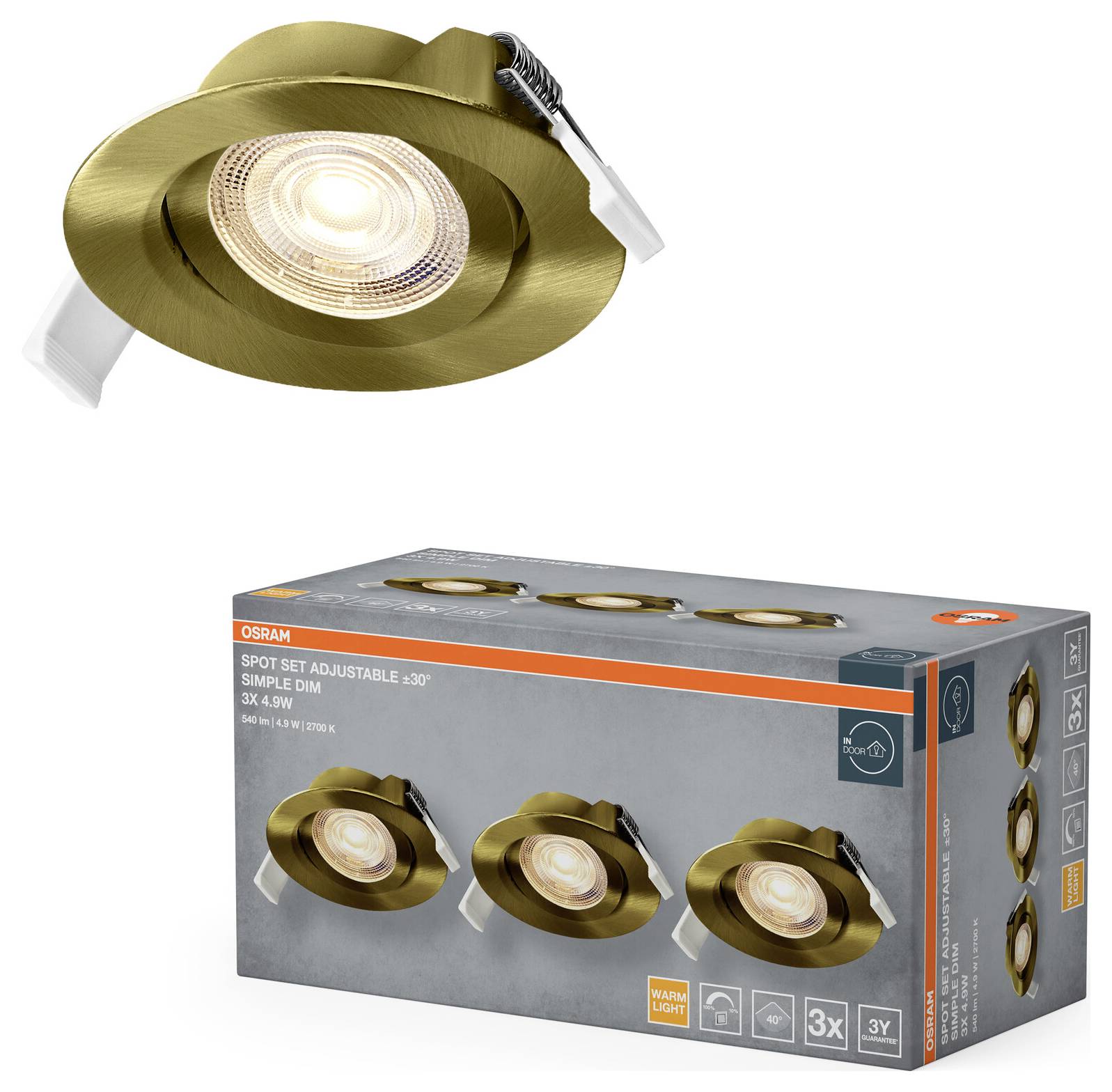 'Osram Spot Set, adjustable 30°, 3x 4.3W LED lights in warm white, gold finish; shown installed and in packaging.'