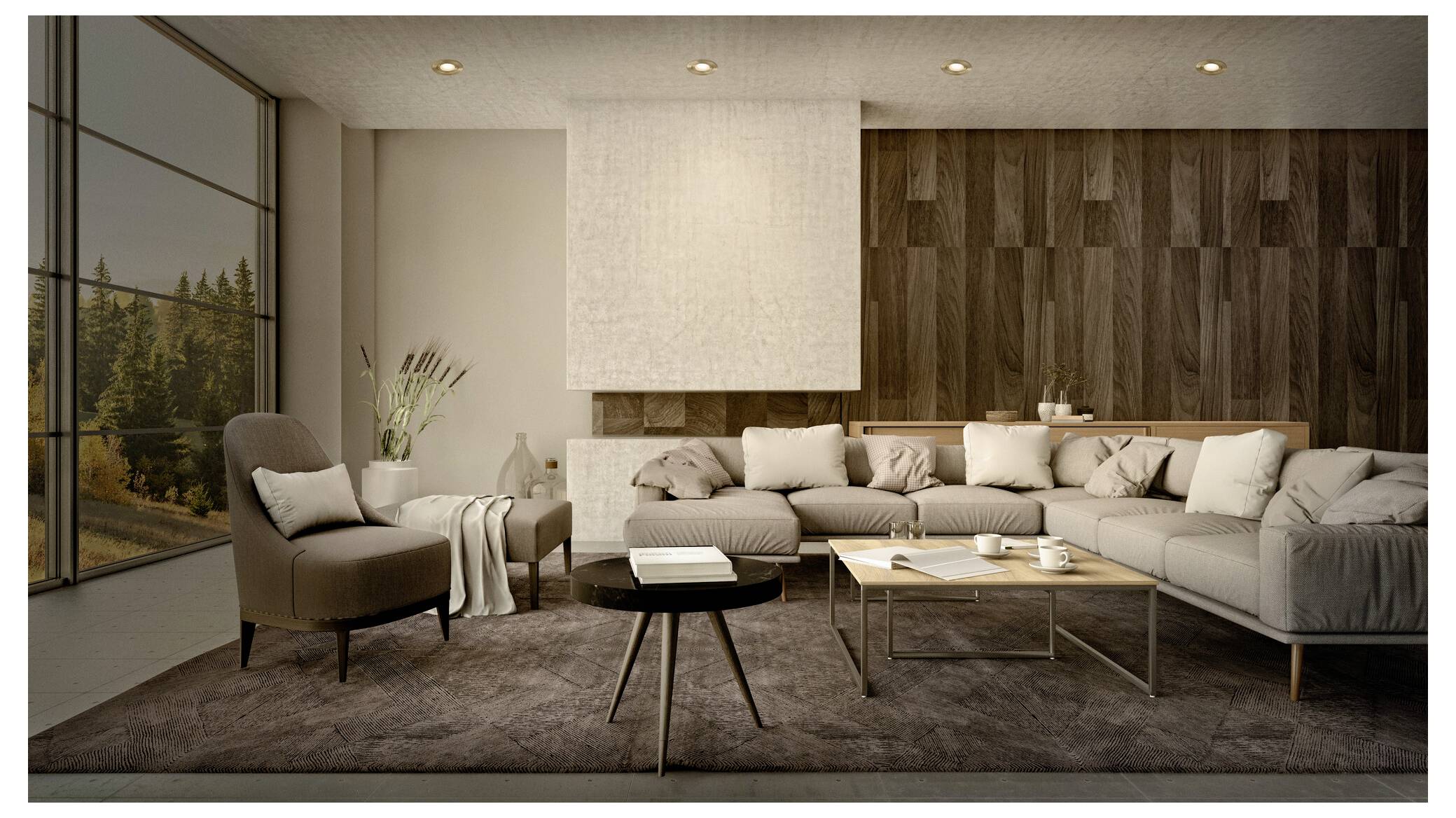 A modern living room with a large gray sectional sofa, wooden accent wall, and a coffee table set. Large windows view a forest outside.