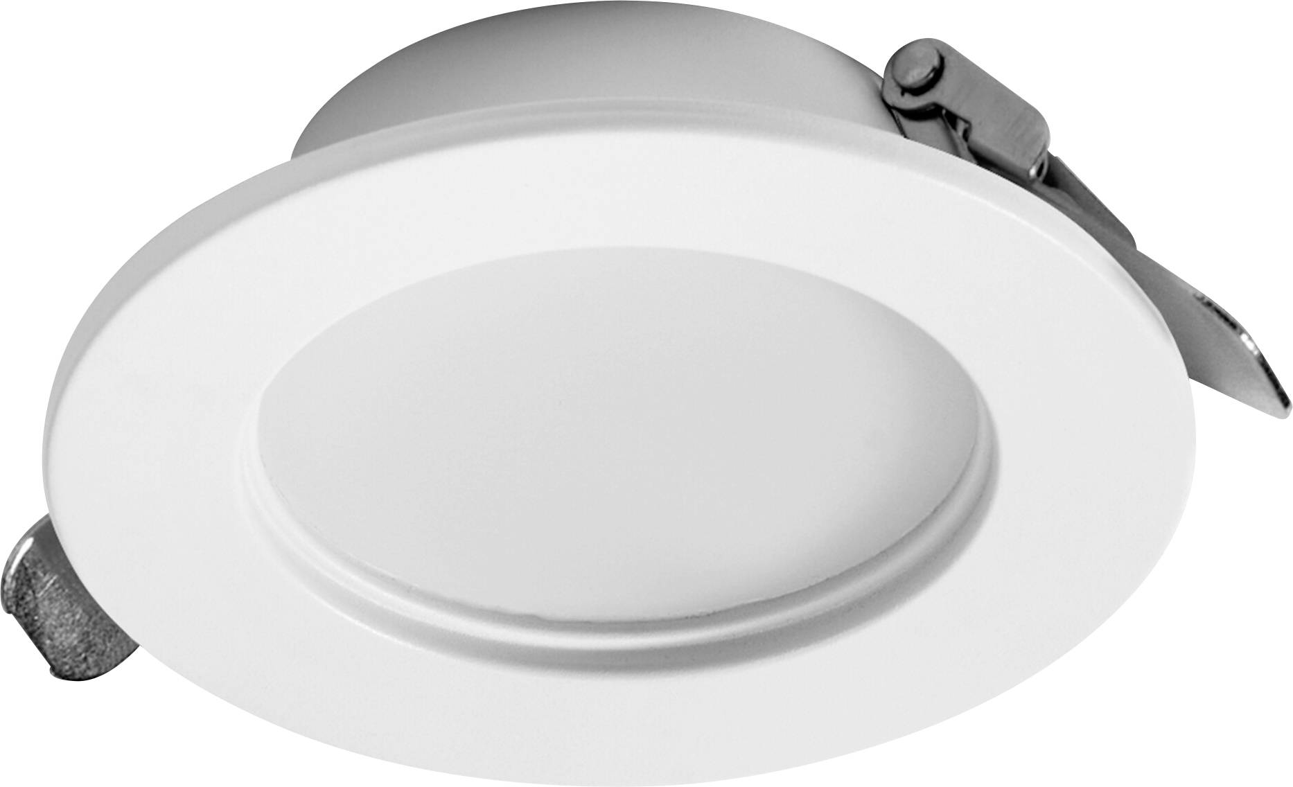 A round, white LED downlight with a metal clip, designed for ceiling installation.