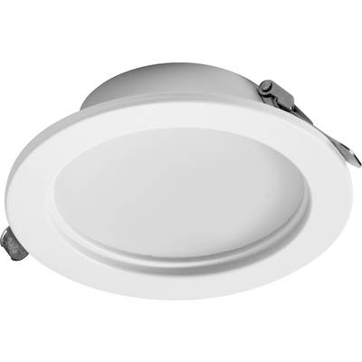 Round, white recessed ceiling light with a metal clip on the side.
