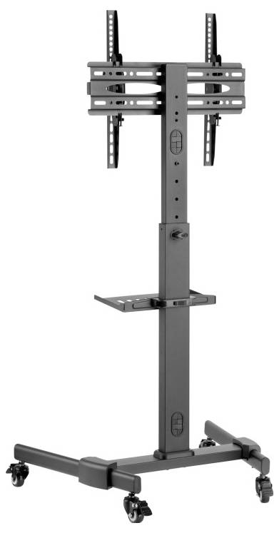 A black mobile TV stand with adjustable brackets and four caster wheels, designed for mounting flat-screen televisions for easy mobility.