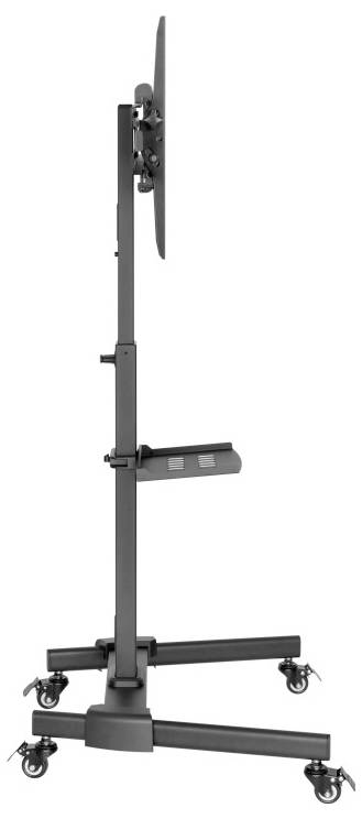 A side view of a mobile TV stand with adjustable height, equipped with swivel wheels for easy movement and a shelf for devices.