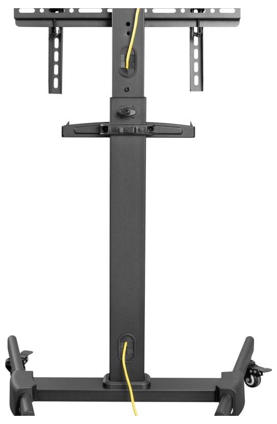 'Black TV stand on wheels, with a vertical support pole and brackets for mounting a screen. Cable management is visible along the pole.'