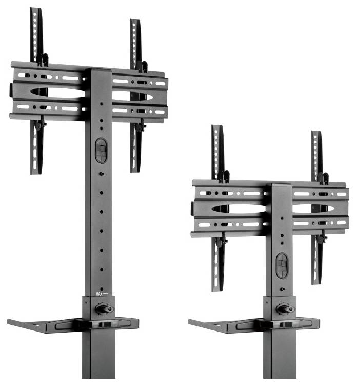 'Two black TV wall mounts with adjustable height and angle, featuring brackets and shelves for supporting screens. Ideal for versatile setup.'