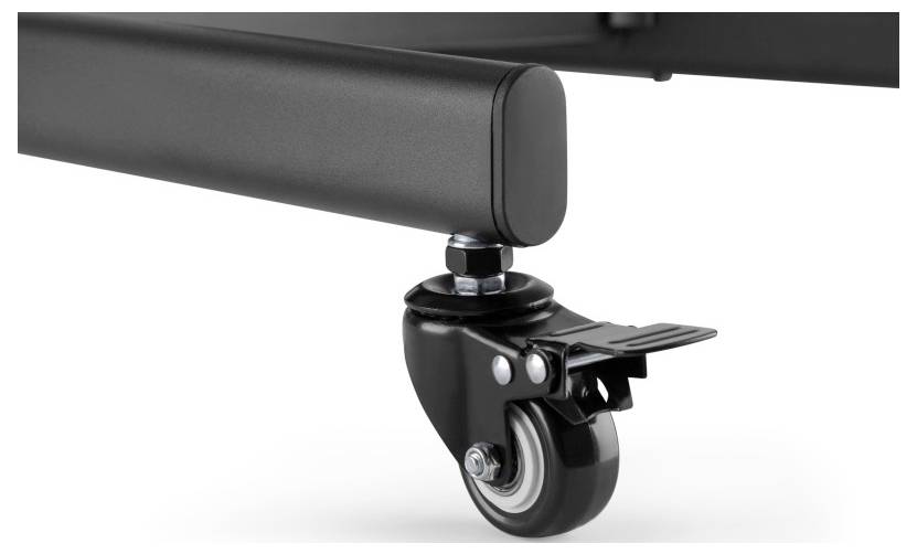 A close-up of a swivel caster wheel attached to a metal frame, demonstrating its construction and rotation capability.