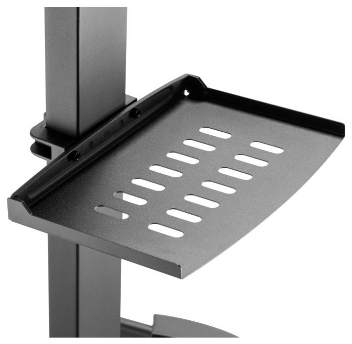 Adjustable black metal shelf with ventilation slots attached to a vertical pole, designed for supporting electronic equipment.