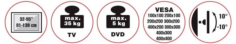'TV wall mount specifications: Fits 32-55 inch TVs, max weight 35kg. DVD max weight 5kg. VESA sizes listed. Tilt range: -10° to 10°.'