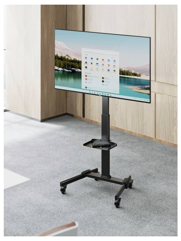 A flat-screen television mounted on a mobile stand with wheels is in a modern, carpeted room. It displays a menu interface.