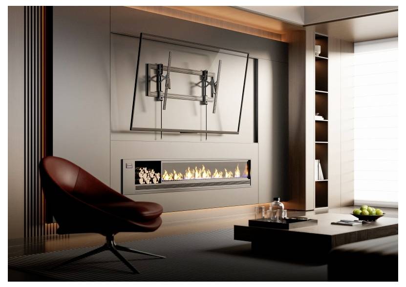 A modern living room with a wall-mounted flat-screen TV, sleek fireplace, and a brown leather chair. A small table holds fruit and decor.