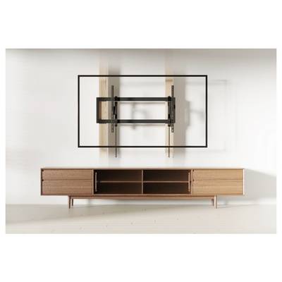 TV mounting setup with a wooden console below, featuring adjustable wall brackets and empty shelves.