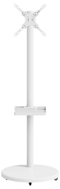 A white TV stand with a flat base, height-adjustable pole, mounting bracket, and a small shelf for accessories.