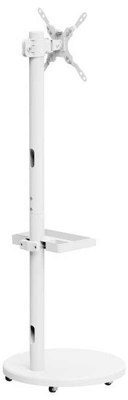 A white, mobile TV stand with an adjustable mount and shelf, designed for flat-screen TVs, on a wheeled circular base.