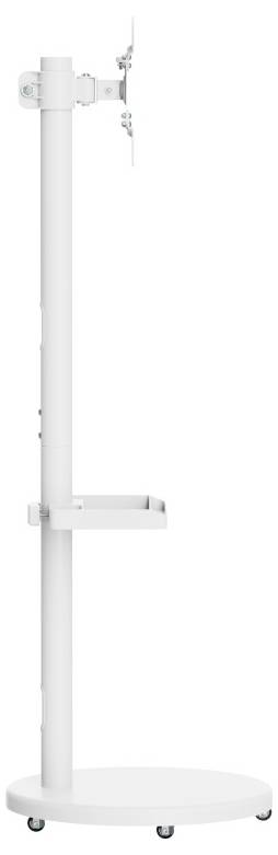 A white rolling medical equipment stand with a circular base, standing upright on four wheels, designed to hold medical devices.