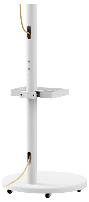A tall, cylindrical, white stand with a small rectangular platform. Cables run through it vertically. It has a round base with wheels.