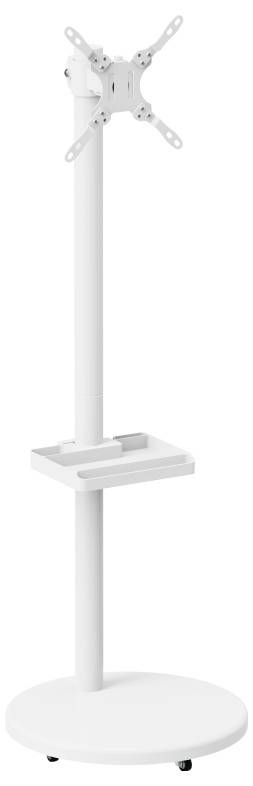 A white, mobile TV or monitor stand with a circular base, adjustable pole, and mounting bracket.