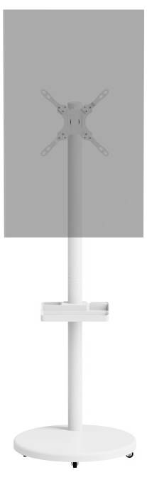 'White adjustable monitor stand with a circular base and arm. The mount can hold a screen, suitable for office or presentation use.'