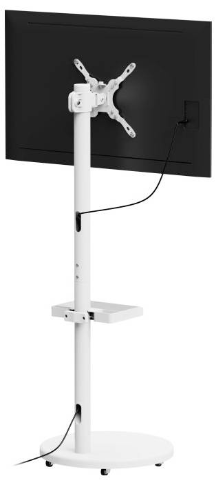 A black monitor mounted on a white adjustable stand with a circular base, viewed from the back. Cables are connected to the monitor.