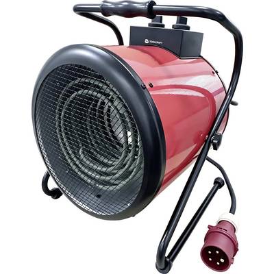 Portable red industrial electric fan heater with black frame, handle, and power plug, shown on a white background.