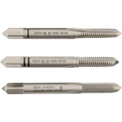 Three metal threading taps of varying designs, labeled 'GSR', used for creating screw threads in pre-drilled holes, each with different notches and ridges.