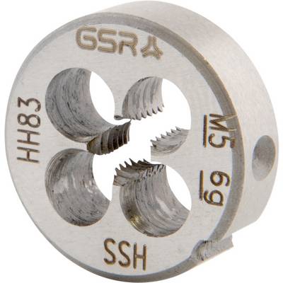 A metal thread cutting die labeled 'GSR SSH', with 'HH83' and 'M5 69'. It has four cutting edges and a circular shape.