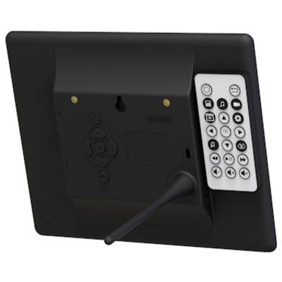 A black electronic device with a screen, rear control panel, and antenna. The side features a control pad with various symbols for operation.