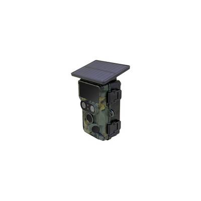 A camouflage trail camera with a solar panel attached, used for capturing wildlife images and videos in outdoor environments.
